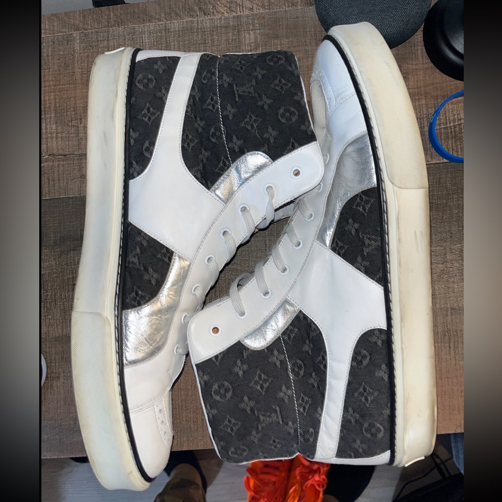 Louis Vuitton Black Denim Monogram White Leather High Sneakers - Picture 3 of 10